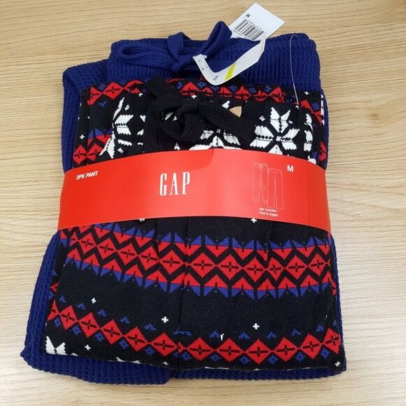 GAP Mens Pajama Pants Medium 2-Pack Blue Jogger Black Fair Isle Pant Set - Picture 2 of 5